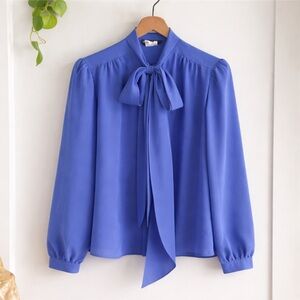 Cobalt blue tie neck blouse • French minimalist • drapey romantic top